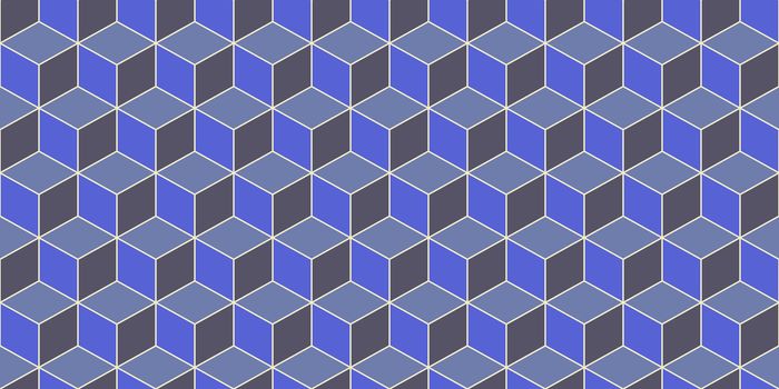 Blue Indigo Seamless Cube Pattern Background. Isometric Blocks Texture. Geometric 3d Mosaic Backdrop.