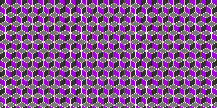Purple Grey Seamless Cube Pattern Background. Isometric Blocks Texture. Geometric 3d Mosaic Backdrop.