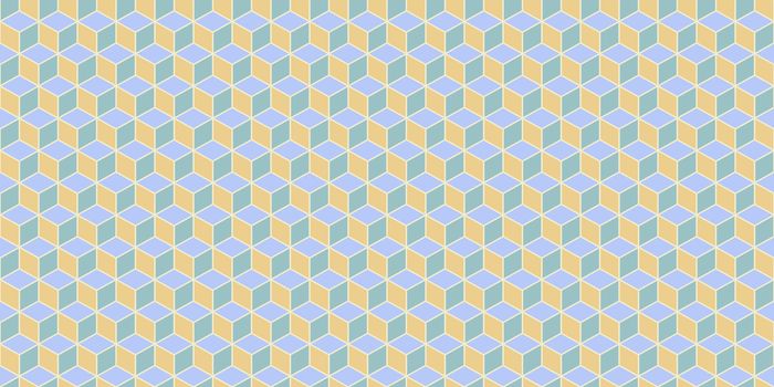 Yellow Sky Blue Seamless Cube Pattern Background. Isometric Blocks Texture. Geometric 3d Mosaic Backdrop.