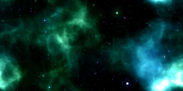 Green Clouds on Night Sky Galaxy Background. Abstract Cosmos Infinity Texture. 3D Rendering. 3D Illustration.