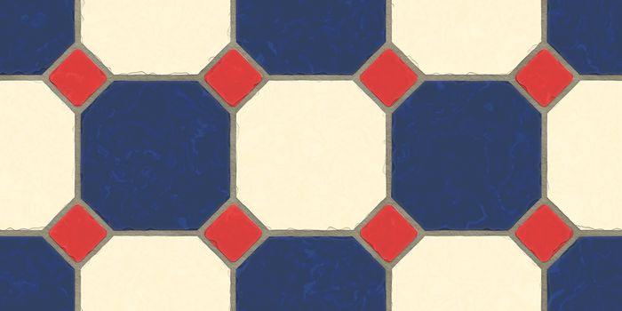 Red Blue Cream Seamless Classic Floor Tile Texture. Simple Kitchen, Toilet or Bathroom Mosaic Tiles Background. 3D rendering. 3D illustration.