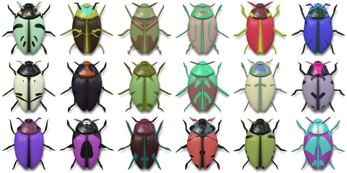 Isolated Beetle Collection Background. Many Bugs Wildlife Surface. Macro Closeup. 3D Illustration. 3D Rendering.