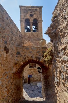 View of the old town of Monemvasia in Lakonia of Peloponnese, Greece.

