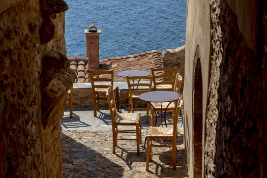 View of the old town of Monemvasia in Lakonia of Peloponnese, Greece.

