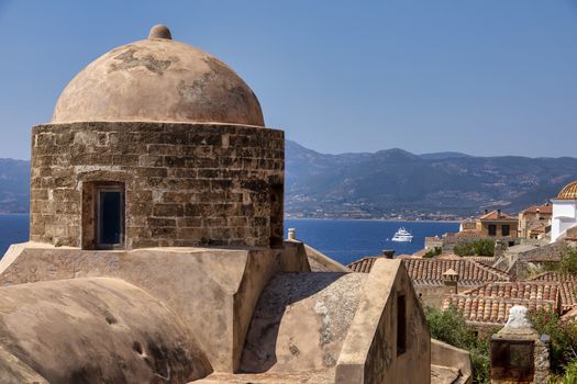 View of the old town of Monemvasia in Lakonia of Peloponnese, Greece.

