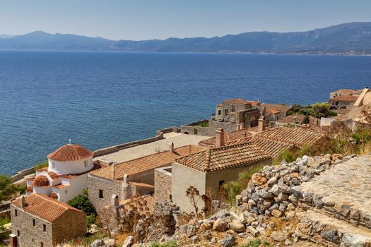 View of the old town of Monemvasia in Lakonia of Peloponnese, Greece.

