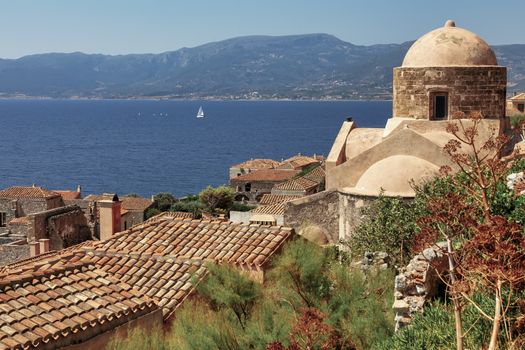 View of the old town of Monemvasia in Lakonia of Peloponnese, Greece.

