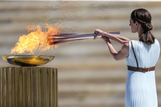 Athens, Greece - March 19, 2020: Olympic Flame handover ceremony for the Tokyo 2020 Summer Olympic Games at the Panathenaic Kallimarmaro Stadium
