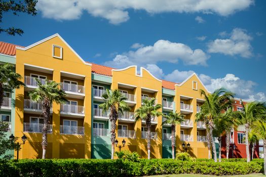 Brightly colored resort hotels on the coast of Curacao