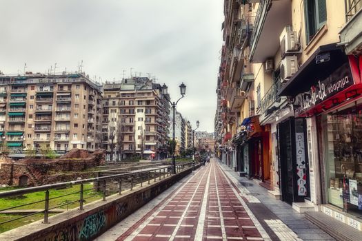 Thessaloniki, Greece - March 26, 2020:A view of empty streets, parks,  and attractions in Thessaloniki after Greece imposed a lockdown to slow down the spread of the coronavirus disease. long exposure