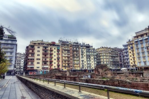 Thessaloniki, Greece - March 26, 2020:A view of empty streets, parks,  and attractions in Thessaloniki after Greece imposed a lockdown to slow down the spread of the coronavirus disease. long exposure