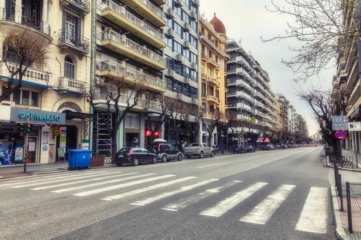 Thessaloniki, Greece - March 26, 2020:A view of empty streets, parks,  and attractions in Thessaloniki after Greece imposed a lockdown to slow down the spread of the coronavirus disease. long exposure