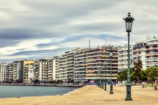 Thessaloniki, Greece - March 26, 2020:A view of empty streets, parks, and attractions in Thessaloniki after Greece imposed a lockdown to slow down the spread of the coronavirus disease. long exposure