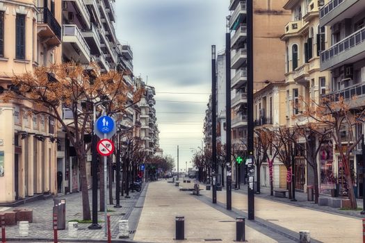 Thessaloniki, Greece - March 26, 2020:A view of empty streets, parks,  and attractions in Thessaloniki after Greece imposed a lockdown to slow down the spread of the coronavirus disease. long exposure