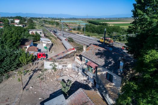 Thessaloniki, Greece - May 14, 2017: Train accident at Adendro, almost 40km west of Thessaloniki, with two confirmed dead among the passengers. The train crashed into a house after derailing.