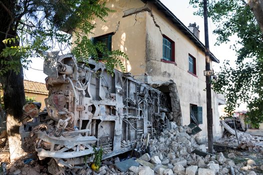 Thessaloniki, Greece - May 14, 2017: Train accident at Adendro, almost 40km west of Thessaloniki, with two confirmed dead among the passengers. The train crashed into a house after derailing.