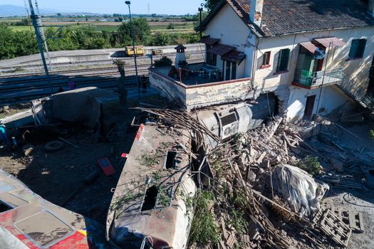 Thessaloniki, Greece - May 14, 2017: Train accident at Adendro, almost 40km west of Thessaloniki, with two confirmed dead among the passengers. The train crashed into a house after derailing.