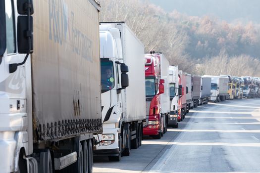 Promachonas, Greece - February 7, 2016 :International transport trucks are blocked  from the border crossing of Promachonas between Greece and Bulgaria, as farmers set up a blockade at customs offices.