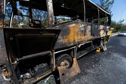 Thessaloniki, Greece - June 25, 2017: A tourist bus got fire and burned completely on the peripheral road of Thessaloniki. Passengers have been taken safely and harmless