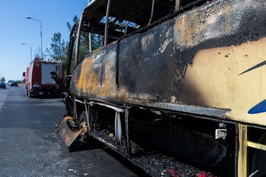 Thessaloniki, Greece - June 25, 2017: A tourist bus got fire and burned completely on the peripheral road of Thessaloniki. Passengers have been taken safely and harmless