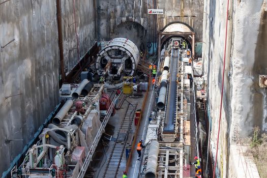 Thessaloniki, Greece - March 28, 2016: Tunnel Boring Machines at construction site of metro in Thessaloniki going back to work after four years