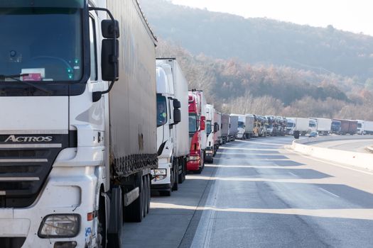 Promachonas, Greece - February 7, 2016 :International transport trucks are blocked  from the border crossing of Promachonas between Greece and Bulgaria, as farmers set up a blockade at customs offices.