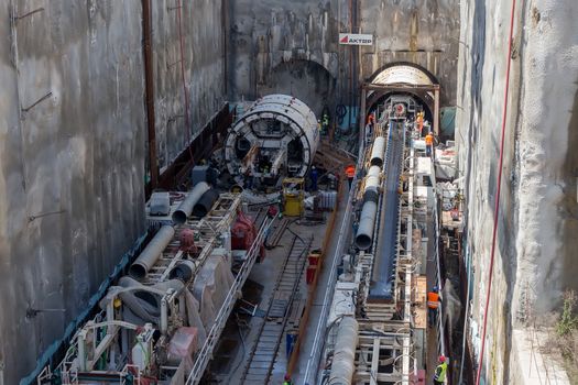 Thessaloniki, Greece - March 28, 2016: Tunnel Boring Machines at construction site of metro in Thessaloniki going back to work after four years