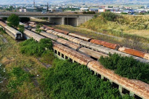 Aerial view of cemetery trains in Nea Ionia, Thessaloniki