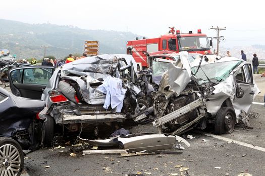 VERIA, GREECE - OCTOBER, 5, 2014:A large truck crashed into a number of cars and 4 people were killed and many were injured in a multi-vehicle collision that occurred on Egnatia Odos.