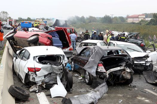 VERIA, GREECE - OCTOBER, 5, 2014:A large truck crashed into a number of cars and 4 people were killed and many were injured in a multi-vehicle collision that occurred on Egnatia Odos.