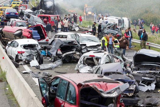 VERIA, GREECE - OCTOBER, 5, 2014:A large truck crashed into a number of cars and 4 people were killed and many were injured in a multi-vehicle collision that occurred on Egnatia Odos.