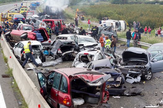 VERIA, GREECE - OCTOBER, 5, 2014:A large truck crashed into a number of cars and 4 people were killed and many were injured in a multi-vehicle collision that occurred on Egnatia Odos.