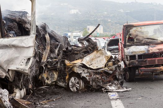 VERIA, GREECE - OCTOBER, 5, 2014:A large truck crashed into a number of cars and 4 people were killed and many were injured in a multi-vehicle collision that occurred on Egnatia Odos.
