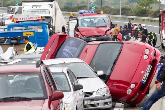 VERIA, GREECE - OCTOBER, 5, 2014:A large truck crashed into a number of cars and 4 people were killed and many were injured in a multi-vehicle collision that occurred on Egnatia Odos.
