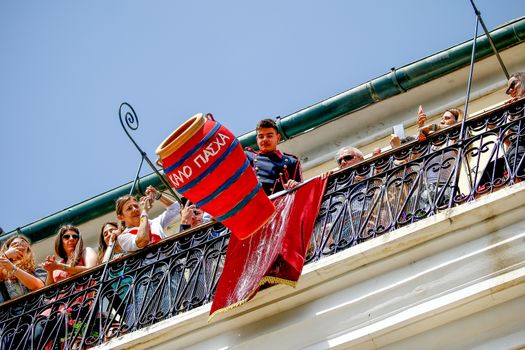 Corfu, Greece - April 27, 2019: Corfians throw clay pots from windows and balconies on Holy Saturday to celebrate the Resurrection of Christ