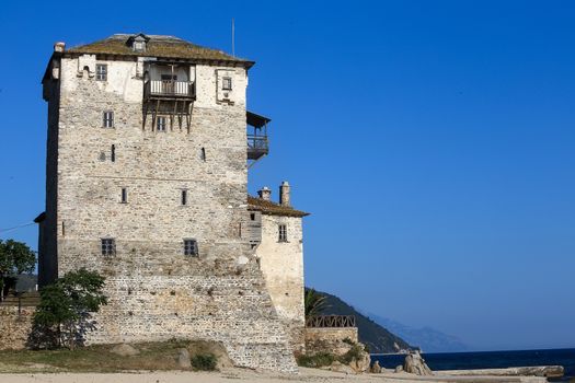 Ancient Ouranoupolis Tower on Athos peninsula in Halkidiki, Greece