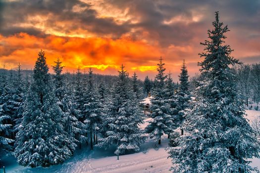 Majestic sunset in the winter mountains landscape. HDR image