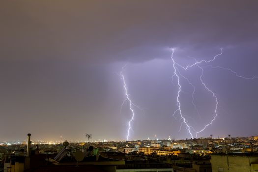 Lightning storm strikes the city of Thessaloniki, Greece