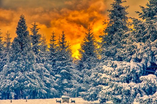 Majestic sunset in the winter mountains landscape. HDR image