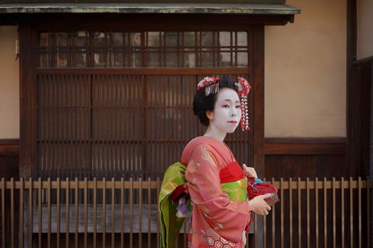 Maiko in a kimono walking in front of the gate of a traditional Japanese house in Kyoto.