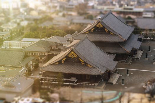Aerial view of Kyoto's Higashi Honganji Temple. Dating from the 17th century and owned by Jodo Buddhism, it has the largest wooden roof in the world.