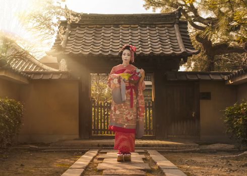 Maiko in a kimono posing on a stone path in front of the gate of a traditional Japanese house surrounded by cherry blossoms and pine trees in the rays of sunset.