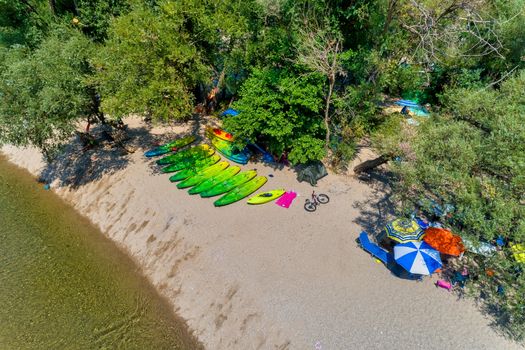 kayak parked on the shore of a beautiful beach of the river Nestos, on a sunny day, Greece