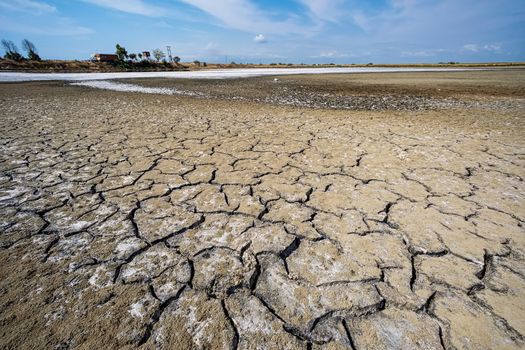 Dry lake bed with natural texture of cracked clay in perspective floor. Death Valley field . background. Selective focus on black soil dark land. Idea concept symbol disaster ecology in nature