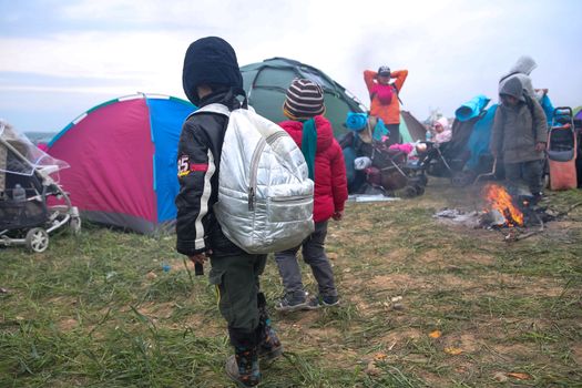 Thessaloniki, Greece - April 5, 2019: Hundreds of migrants and refugees gathered following anonymous social media calls to walk until the Northern borders of Greece to pass to Europe.