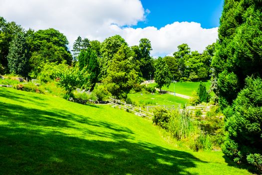 View across the lawns and flower beds of Avenham and Miller Park, Preston