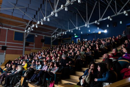 Thessaloniki, Greece - March 9, 2017: Spectators watching in the cinema during the 19th international Thessaloniki Documentary Festival at Olympion Cinema