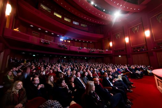 Thessaloniki, Greece - March 11, 2016: Spectators watching in the cinema during the 19th international Thessaloniki Documentary Festival at Olympion Cinema