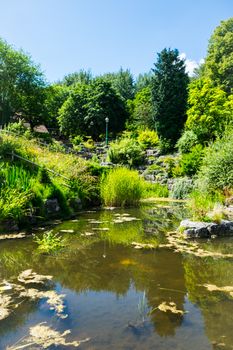 View accorss the ponds and lawns at Japanese Garden in Avenham and Miller Park, Preston