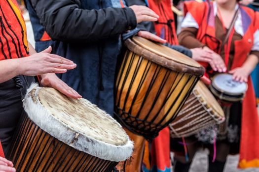 Thessaloniki, Greece - February 14, 2016: Drummers and musicians playing traditional music at Aristotelous square at Thessaloniki. Photos taken with slow shutter speed.